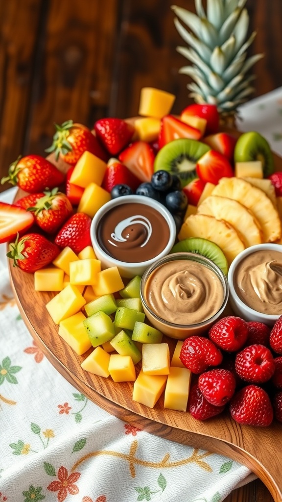 A colorful fruit platter featuring an assortment of fresh fruit and three dips: chocolate, yogurt, and peanut butter.