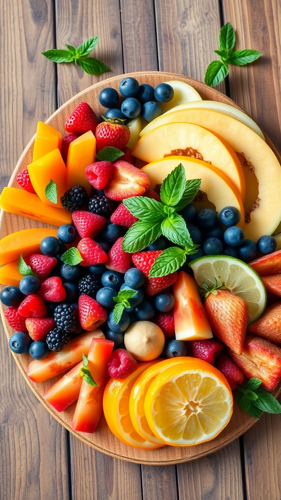 A vibrant fruit salad charcuterie board featuring seasonal fruits and mint garnish.