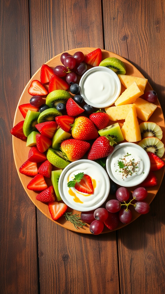 Colorful fruit platter with a variety of fruits and two dips