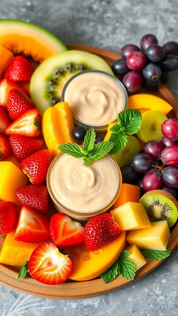 A colorful fruit platter with a variety of fruits and a creamy dip on the side.
