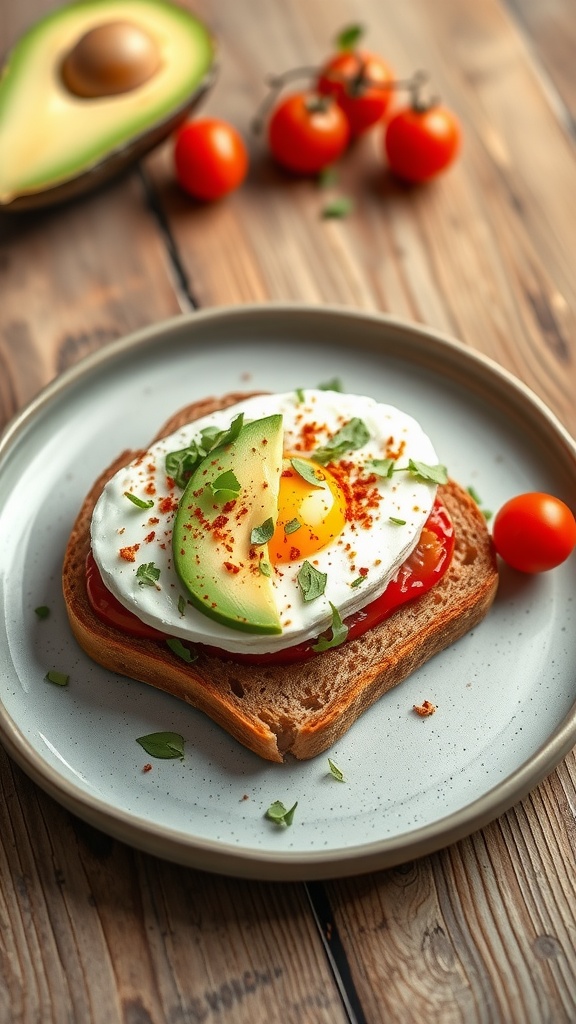A slice of high protein egg toast topped with avocado and a sunny-side-up egg on a plate.