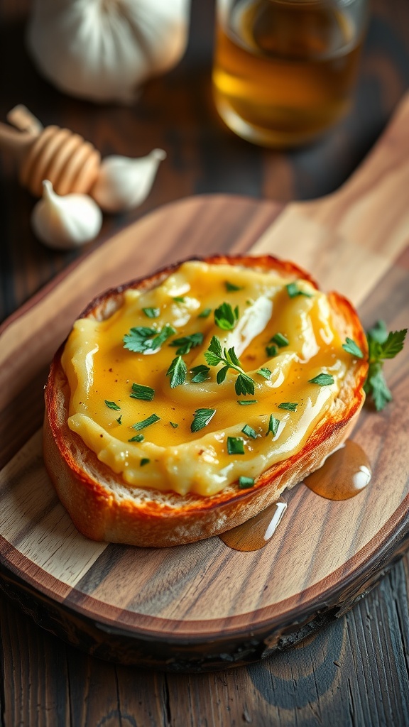 A slice of toast topped with a honey garlic mixture and garnished with parsley