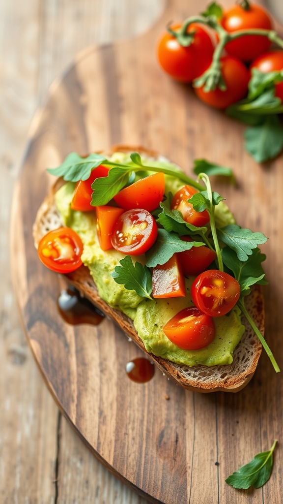 A delicious avocado toast topped with cherry tomatoes and arugula on a wooden board.