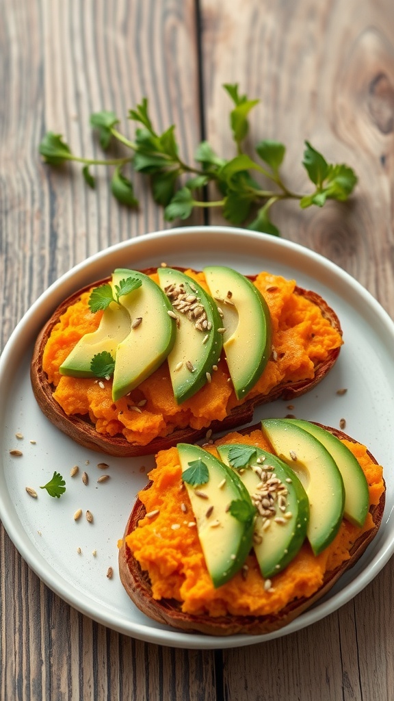 A plate of mashed sweet potato toast topped with avocado slices and seeds.