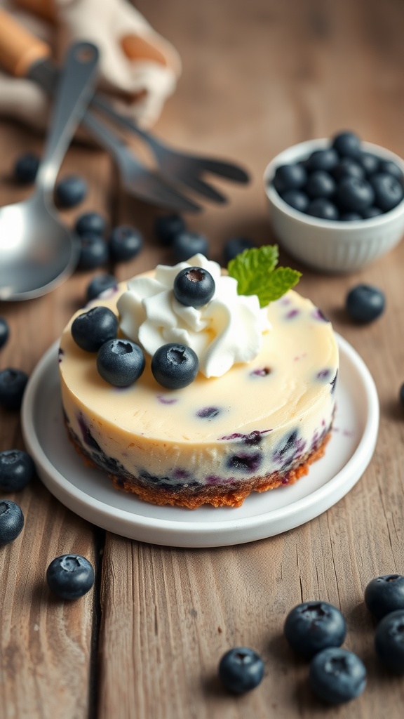 Delicious mini blueberry cheesecake cake with blueberries on top