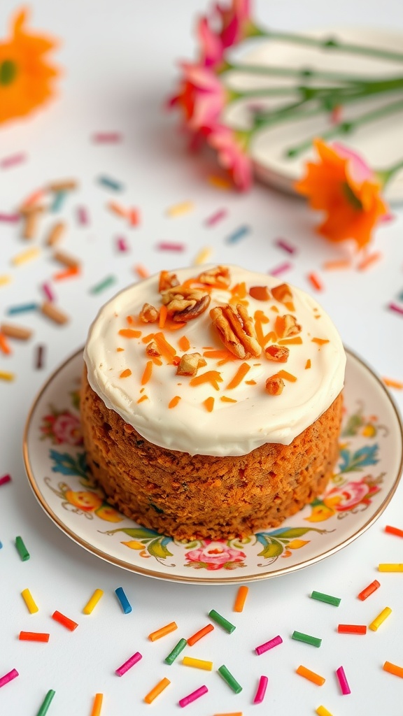 A mini carrot cake topped with cream cheese frosting and decorated with nuts and colorful sprinkles.