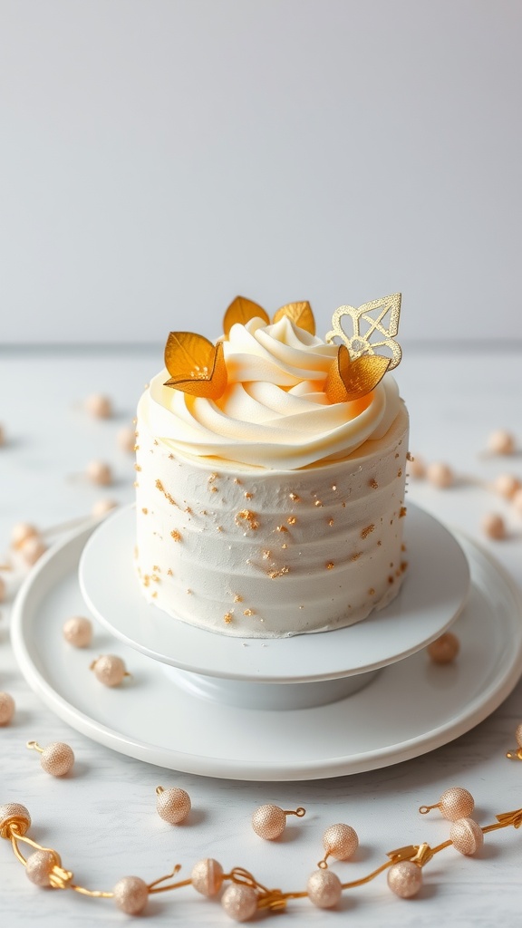 A beautifully decorated mini champagne cake with whipped buttercream frosting and golden accents.