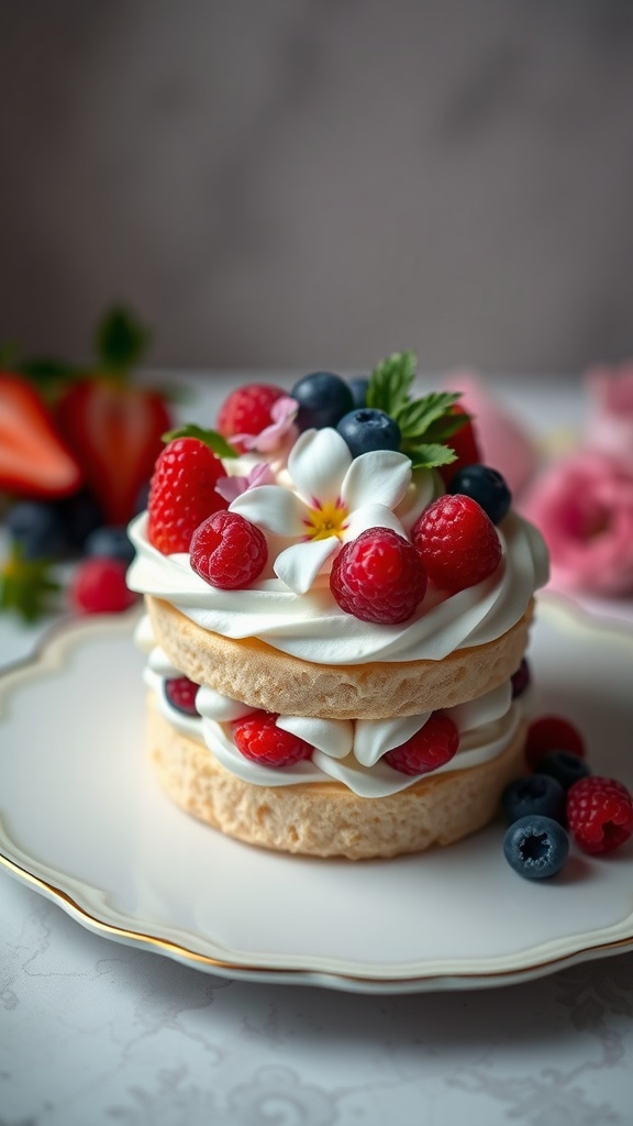 Mini Chantilly cakes topped with berries and whipped cream