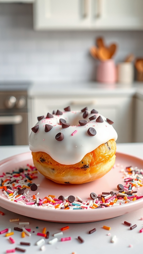 A delicious mini chocolate chip donut cake topped with whipped frosting and sprinkles.