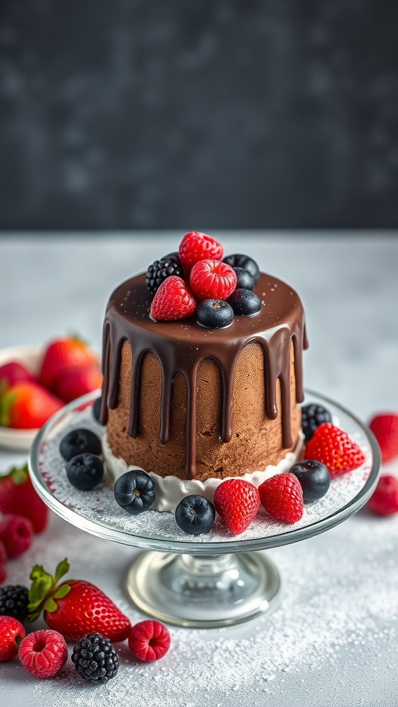 Mini chocolate ganache cake topped with fresh berries on a glass cake stand.