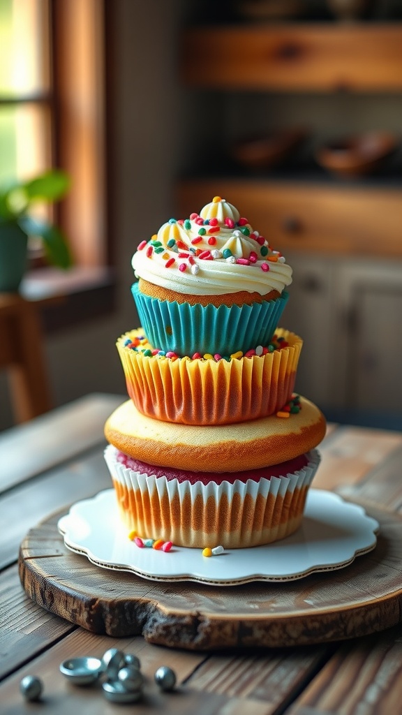 A stack of colorful mini cupcakes on a wooden table.