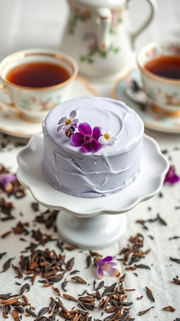 A small, elegantly frosted mini cake on a white cake stand
