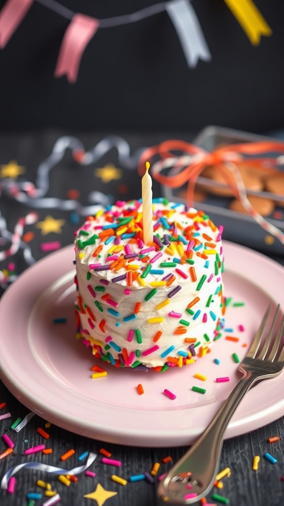 A colorful mini funfetti cake topped with sprinkles and a candle on a pink plate.