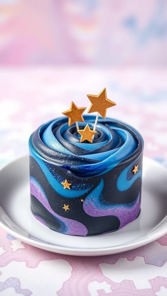 A mini galaxy cake decorated in vibrant colors with star accents.