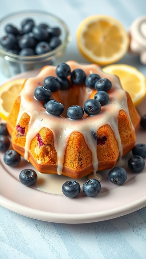 Mini Lemon Blueberry Bundt Cake topped with fresh blueberries and lemon glaze