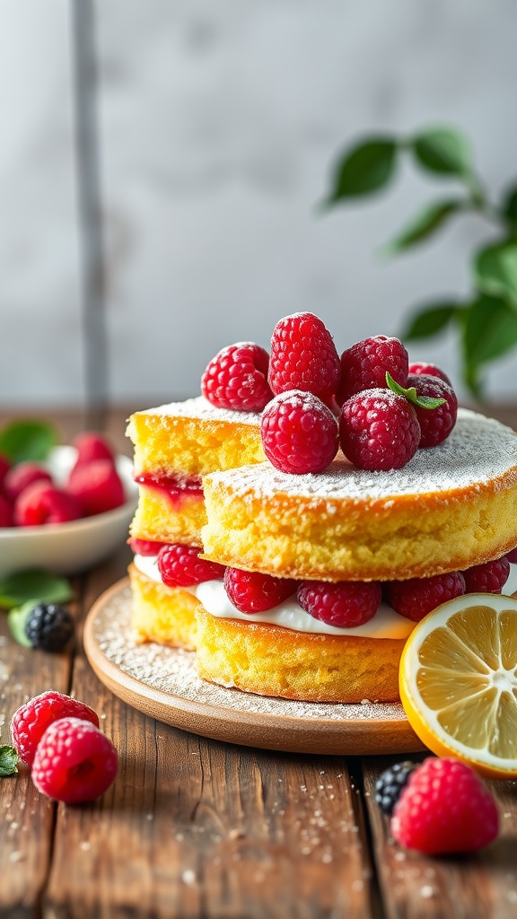 A mini layered lemon raspberry cake decorated with fresh raspberries