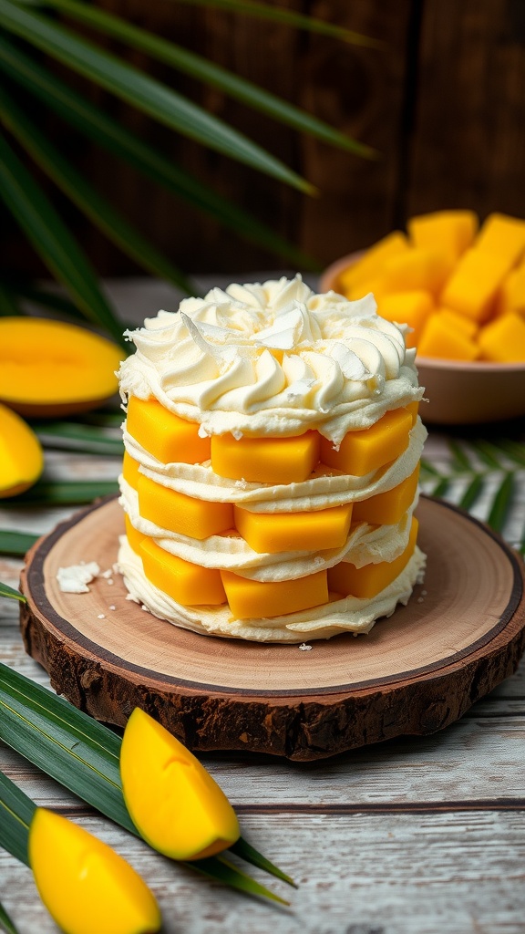 A mini mango coconut cake layered with fresh mango and topped with whipped buttercream frosting.