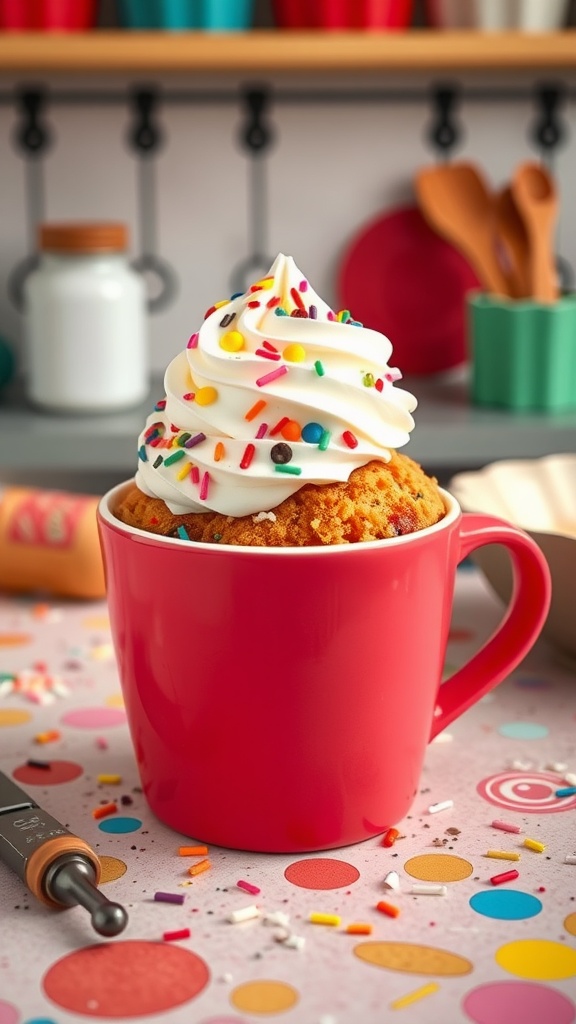 A vibrant red mug filled with a fluffy cake topped with whipped cream and colorful sprinkles.