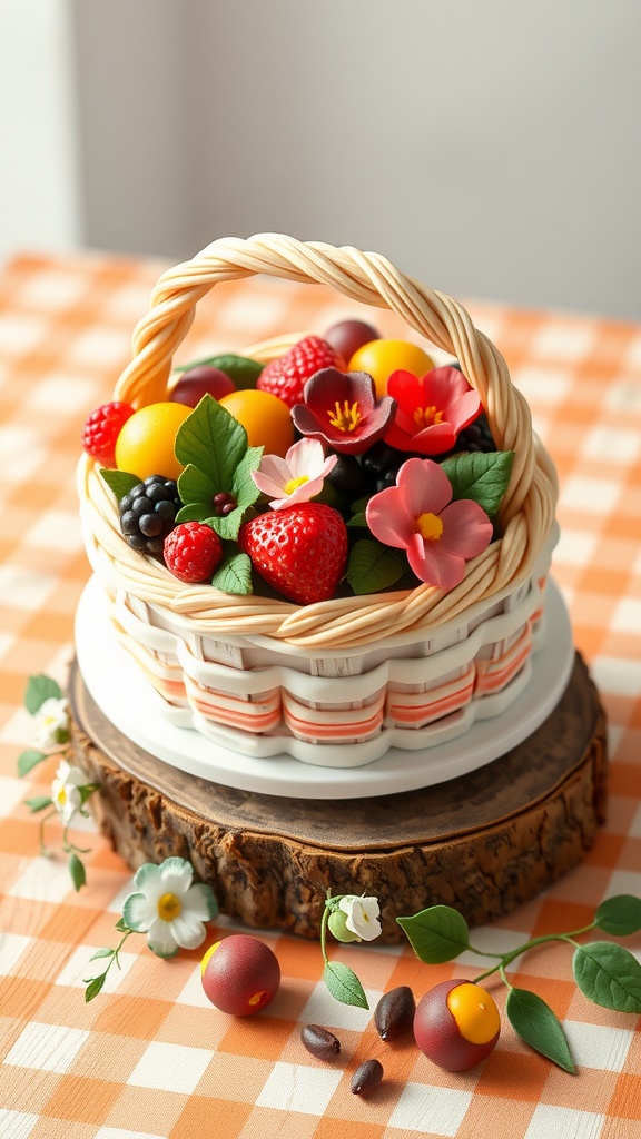 A beautifully decorated mini cake resembling a picnic basket filled with colorful fruits and flowers.