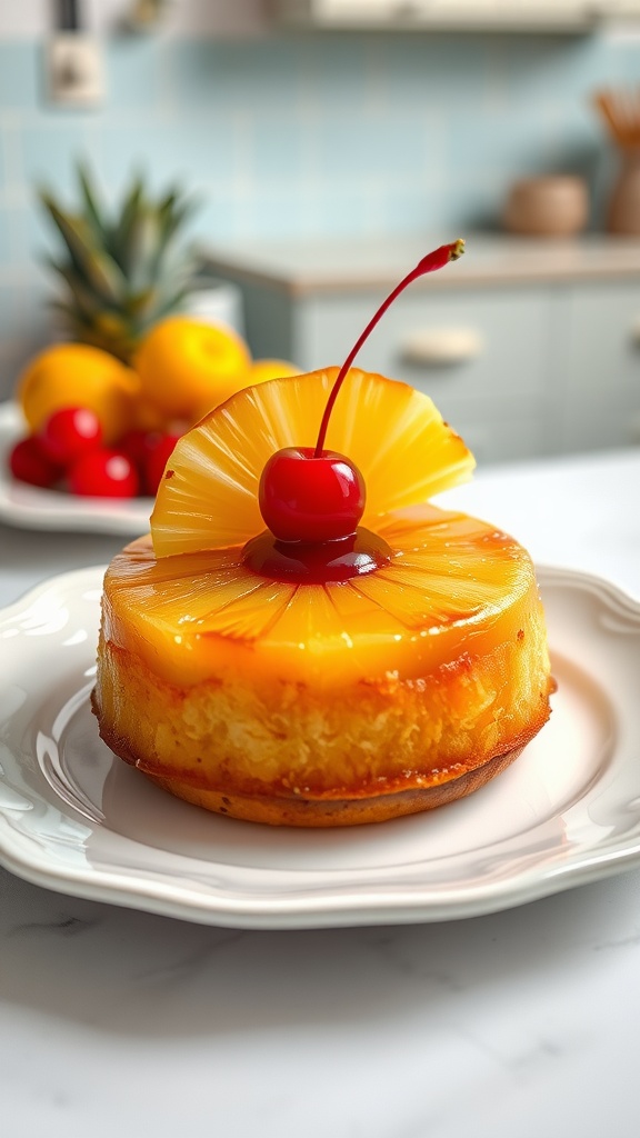 Mini Pineapple Upside-Down Cake on a plate with a cherry and pineapple slice