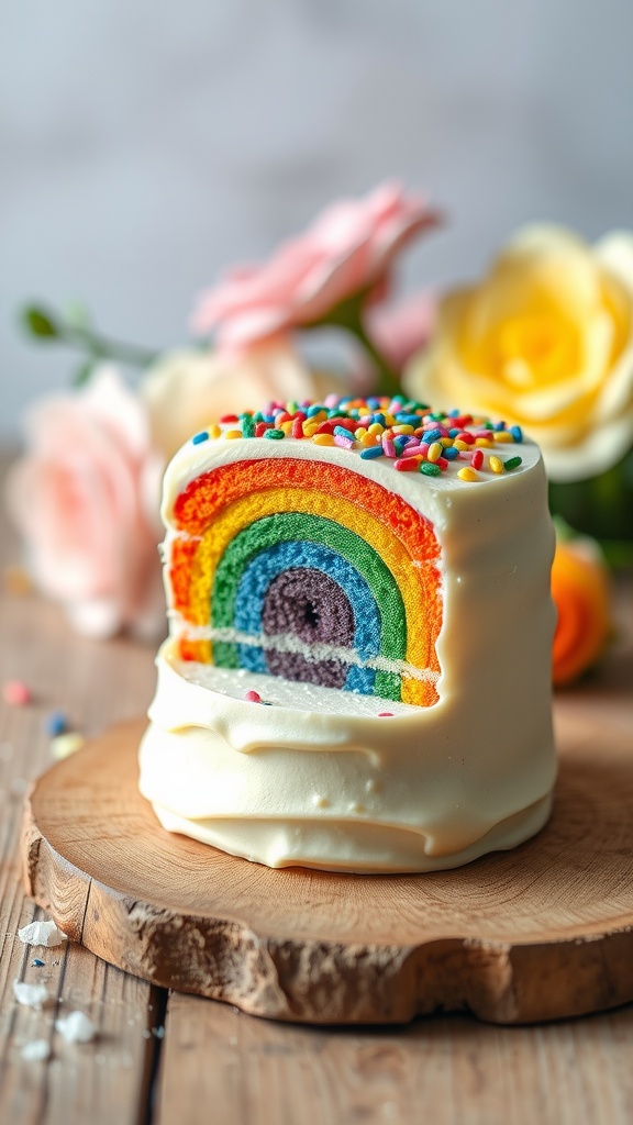 A colorful mini rainbow cake with sprinkles on top, showcasing vibrant layers inside.