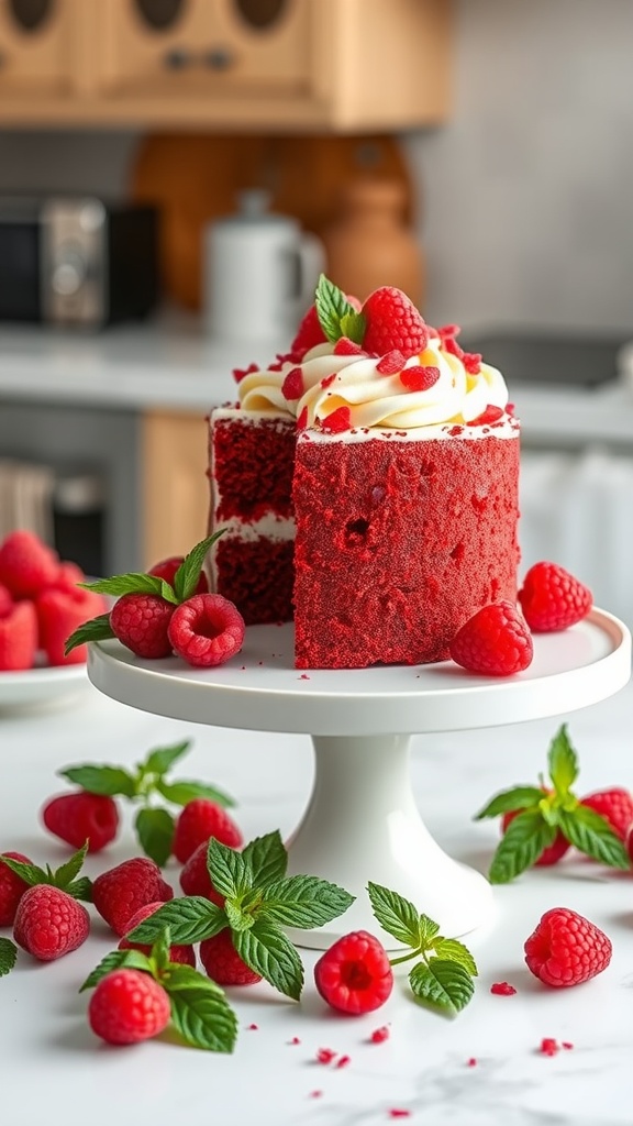 A vibrant and delicious mini red velvet cake, topped with cream cheese frosting and decorative raspberries.