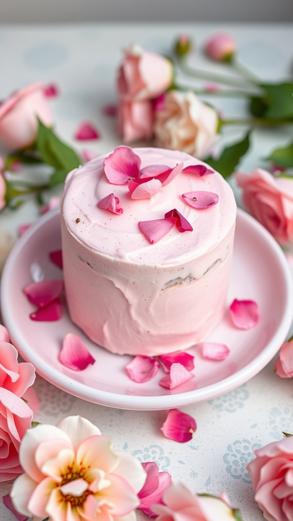 A beautifully decorated mini rosewater cake topped with rose petals.