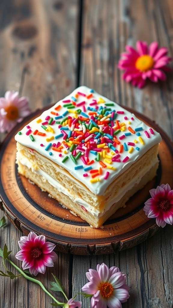 A mini sheet cake square with colorful sprinkles and a 'happy' message on top, surrounded by flowers.
