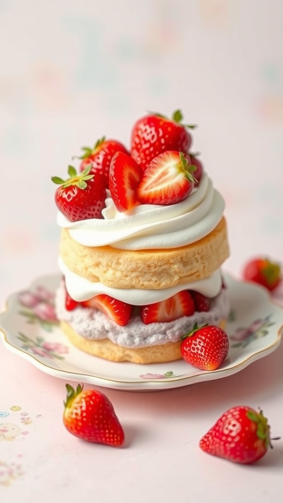 Mini strawberry shortcake cake with whipped cream and fresh strawberries.