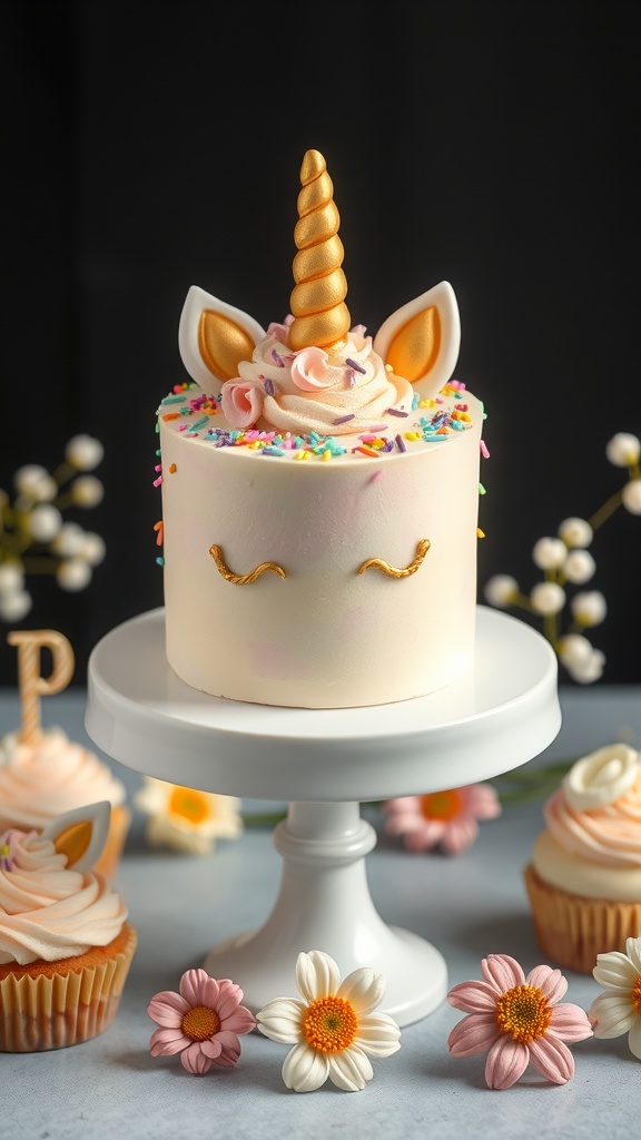 Decorated mini unicorn cake with colorful sprinkles and golden horn