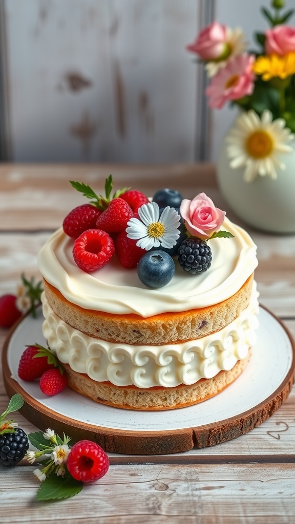 A mini vanilla bean layer cake topped with berries and flowers, showcasing its delicate design.