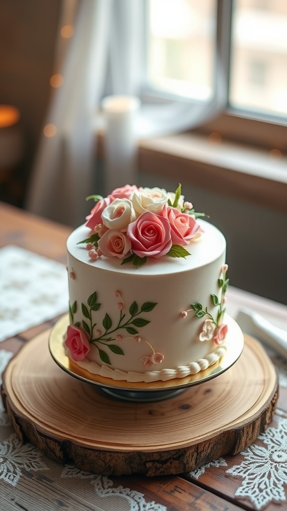 A beautifully decorated mini wedding cake with roses on a wooden background.