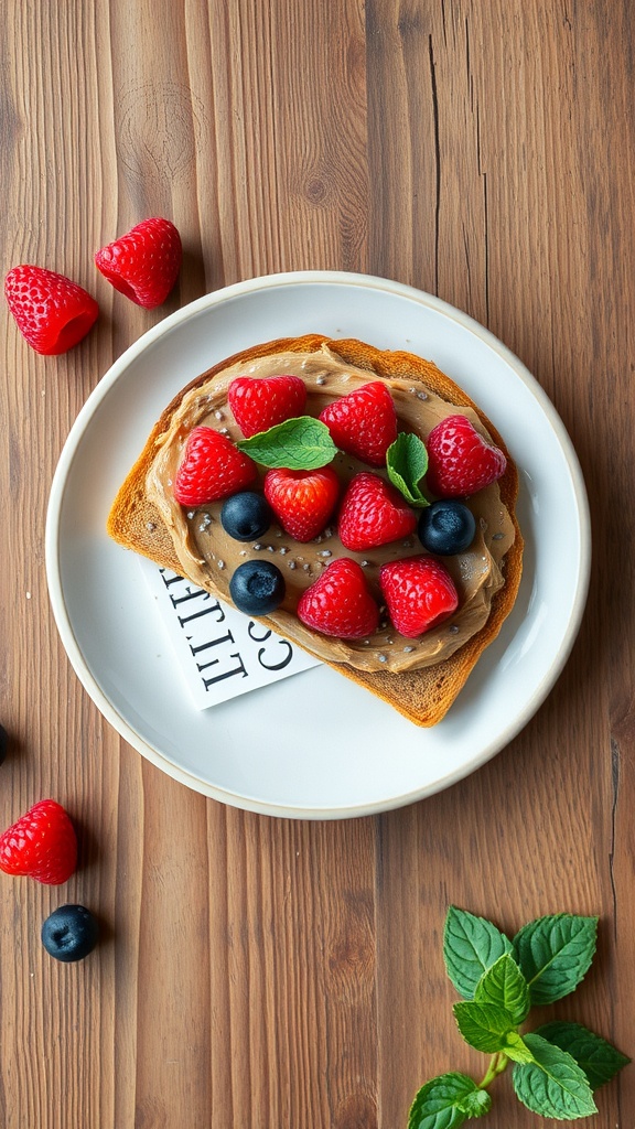 Nut butter chia toast topped with fresh fruits and mint leaves on a white plate