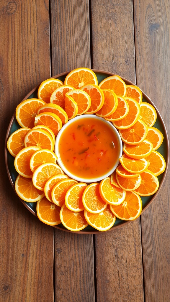 A decorative fruit platter featuring oranges arranged in a sunburst pattern around a bowl of dip.