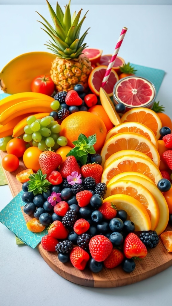 A colorful party-style fruit platter showcasing tropical, citrus, and berry sections.