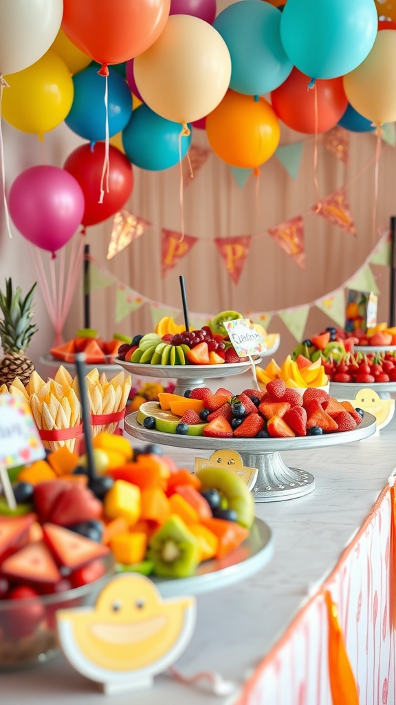 A vibrant party setup featuring a variety of colorful fruit trays with balloons and decorations.