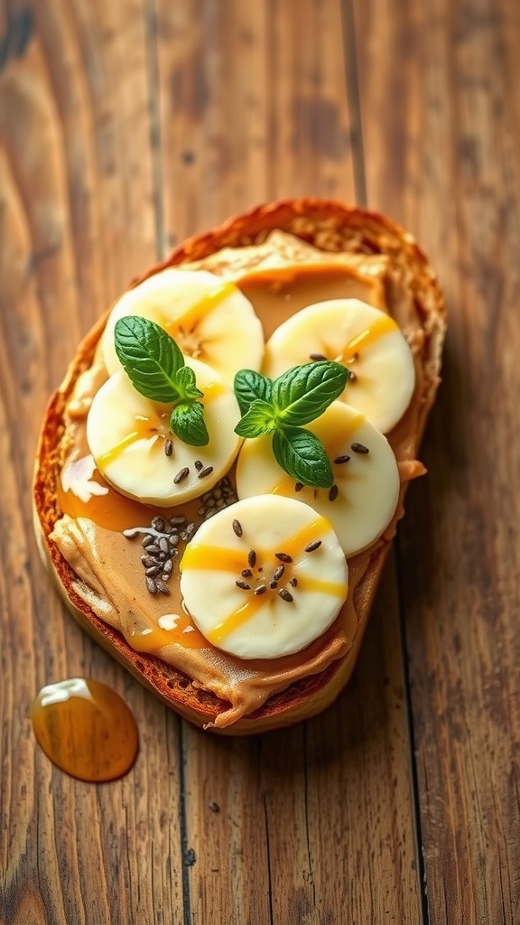 Delicious peanut butter banana toast topped with honey and cinnamon.