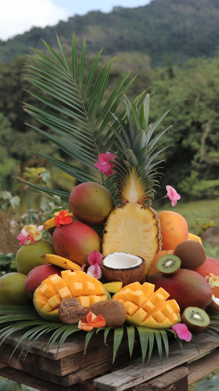 A vibrant pineapple fruit tray centerpiece featuring tropical fruits and flowers.