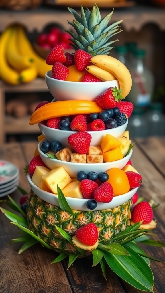 A colorful fruit display with stacked bowls and pineapple leaves, featuring various fruits.