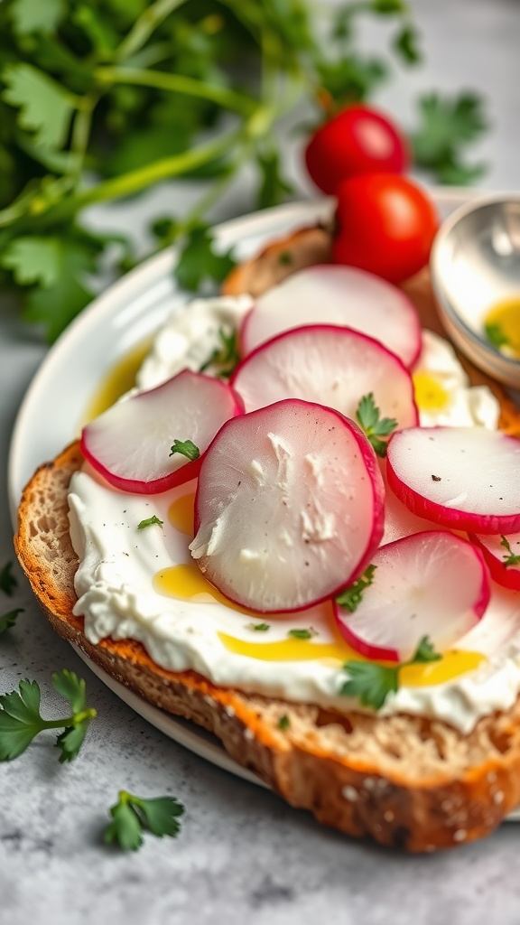 Radish and cottage cheese toast topped with fresh herbs and olive oil