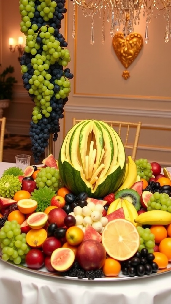 A vibrant fruit platter featuring grapes, assorted fruits and a carved watermelon centerpiece.