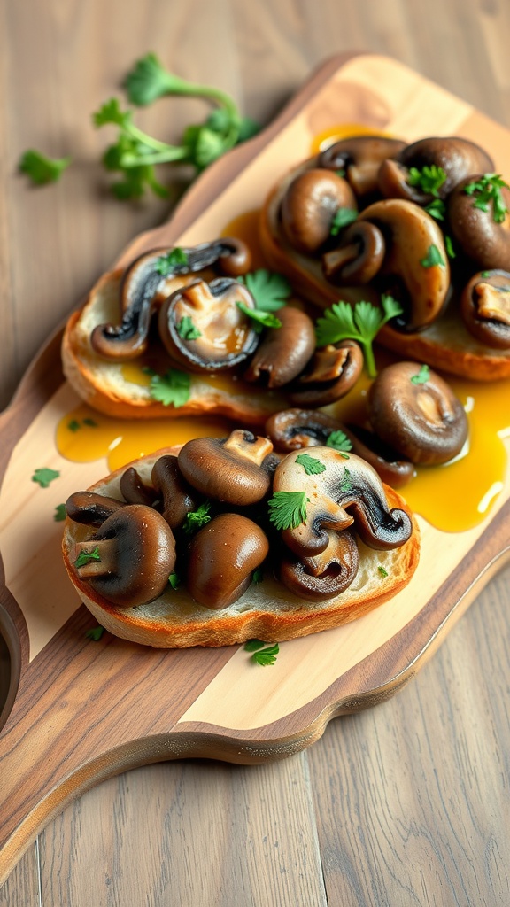 Savory mushroom toast topped with fresh herbs on a wooden board