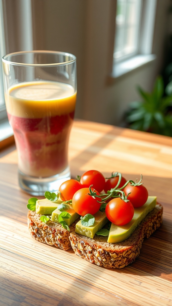 A delicious toast with avocado, cottage cheese, and cherry tomatoes, paired with a refreshing smoothie.