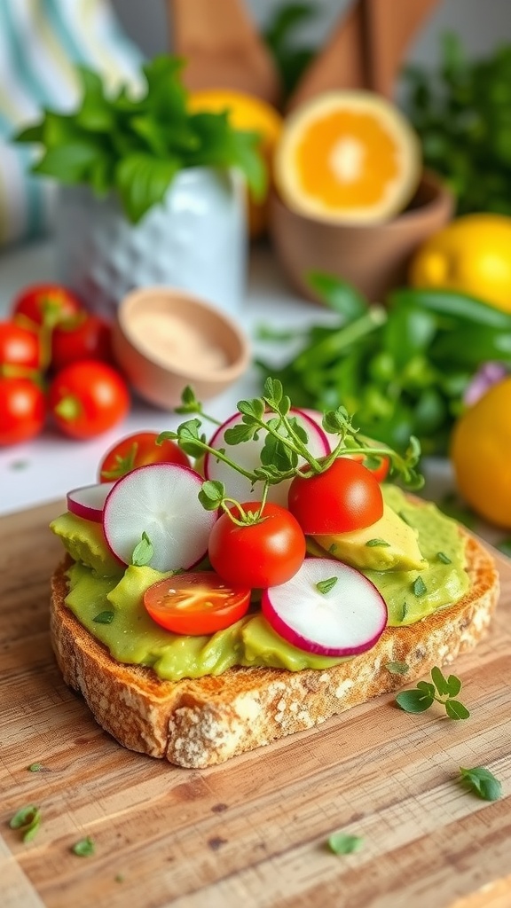 A vibrant Sommer Mad Toast topped with avocado, cherry tomatoes, and radishes