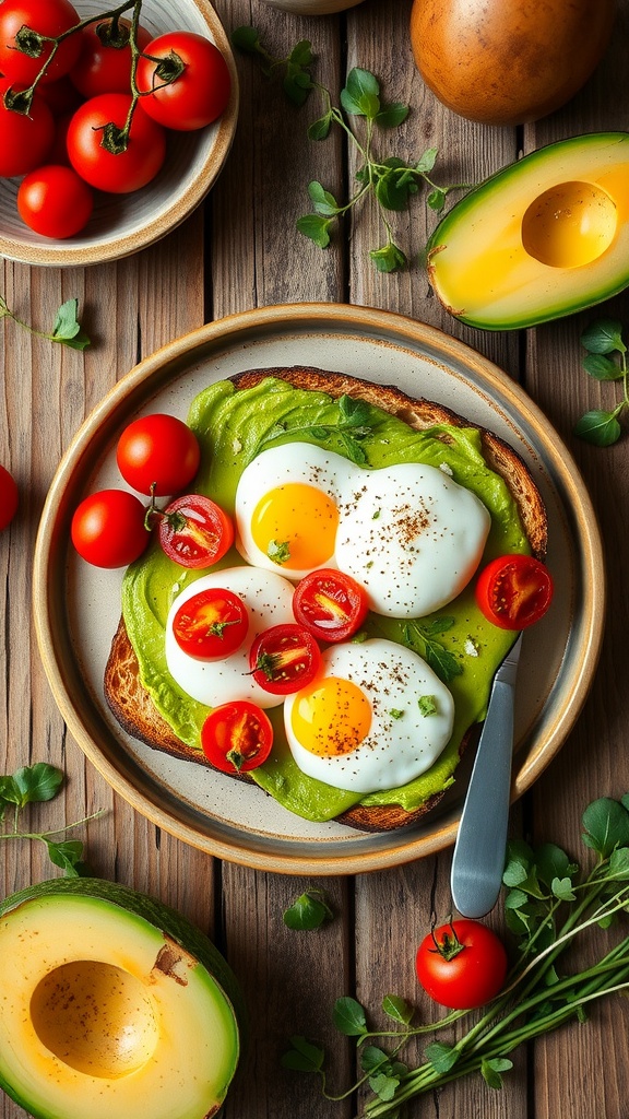 Sourdough toast with avocado and poached eggs topped with cherry tomatoes