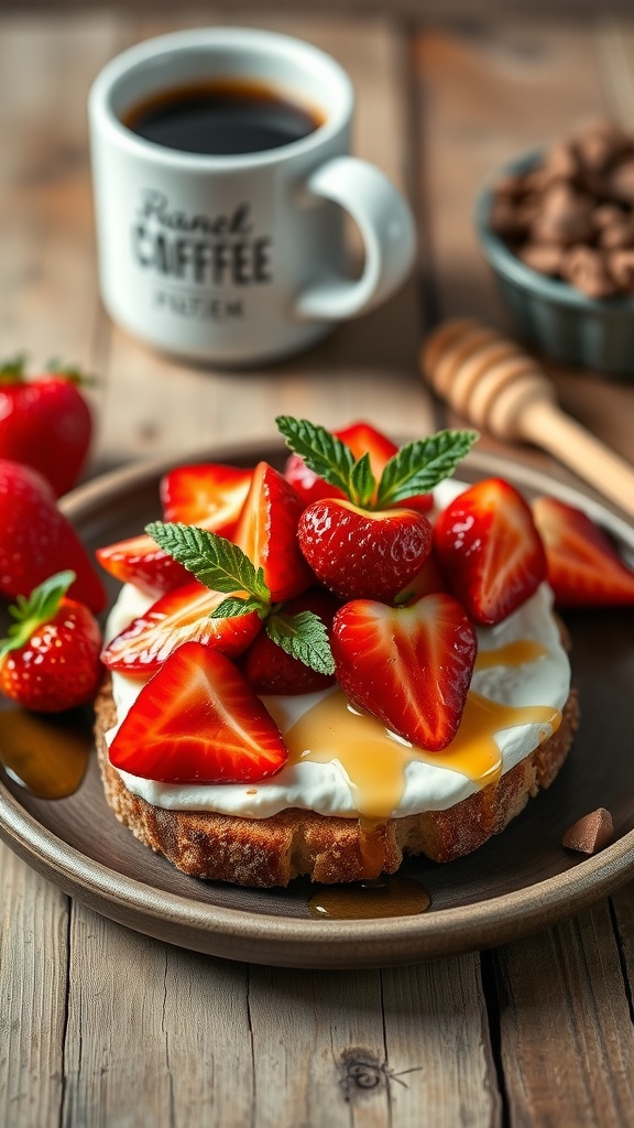 Delicious strawberry cream cheese toast topped with fresh strawberries and drizzled with honey.