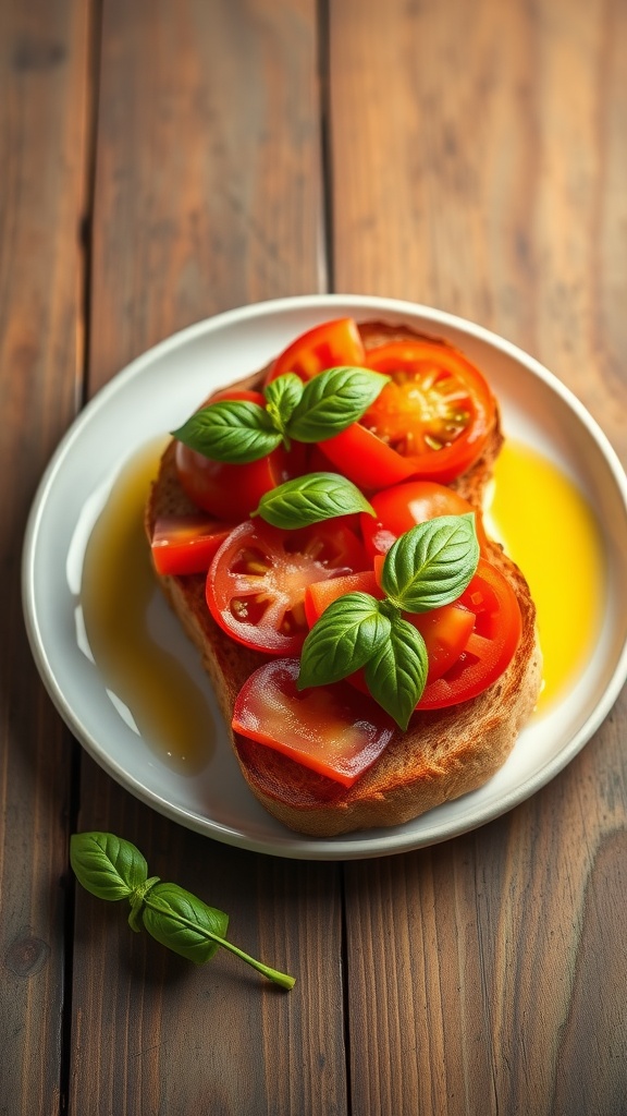 A plate of tomato basil toast on a wooden table.