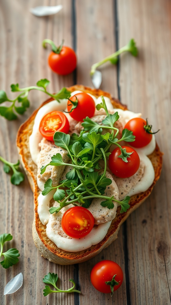 Tuna yogurt toast with cherry tomatoes and fresh herbs on whole grain bread.