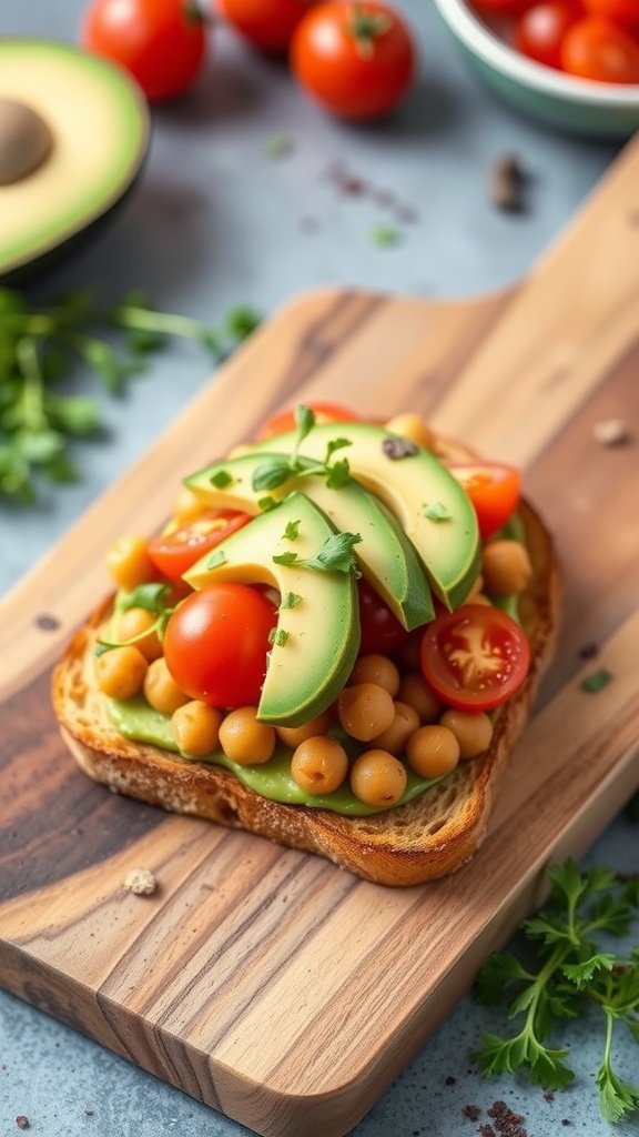 A delicious slice of vegan chickpea toast topped with avocado, cherry tomatoes, and fresh herbs on a wooden board.