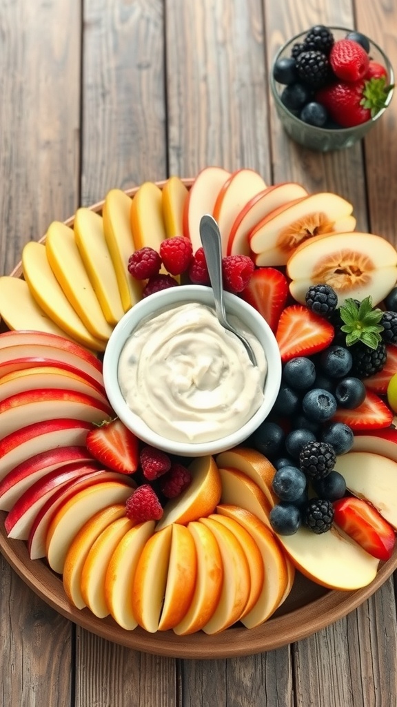 A vibrant fruit platter featuring sliced apples, pears, strawberries, blueberries, raspberries, and blackberries with a creamy yogurt dip in the center.